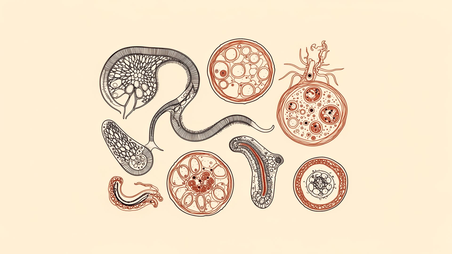 Editorial scientific illustration of stylized parasitic organism morphology and microscopy fields.
